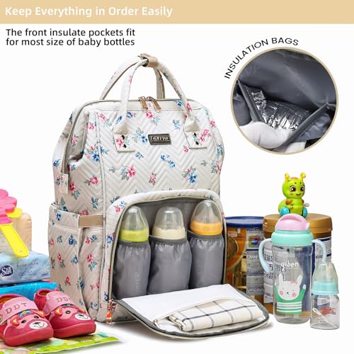 Image of GAIVP Diaper Bag Backpack, Diaper Bags for Baby Girls Boys, Baby Bags for Moms Dads, Nappy Changing Bag with Insulated Pockets,Multi-functional Waterproof Backpack with Stroller straps-Beige Flowers