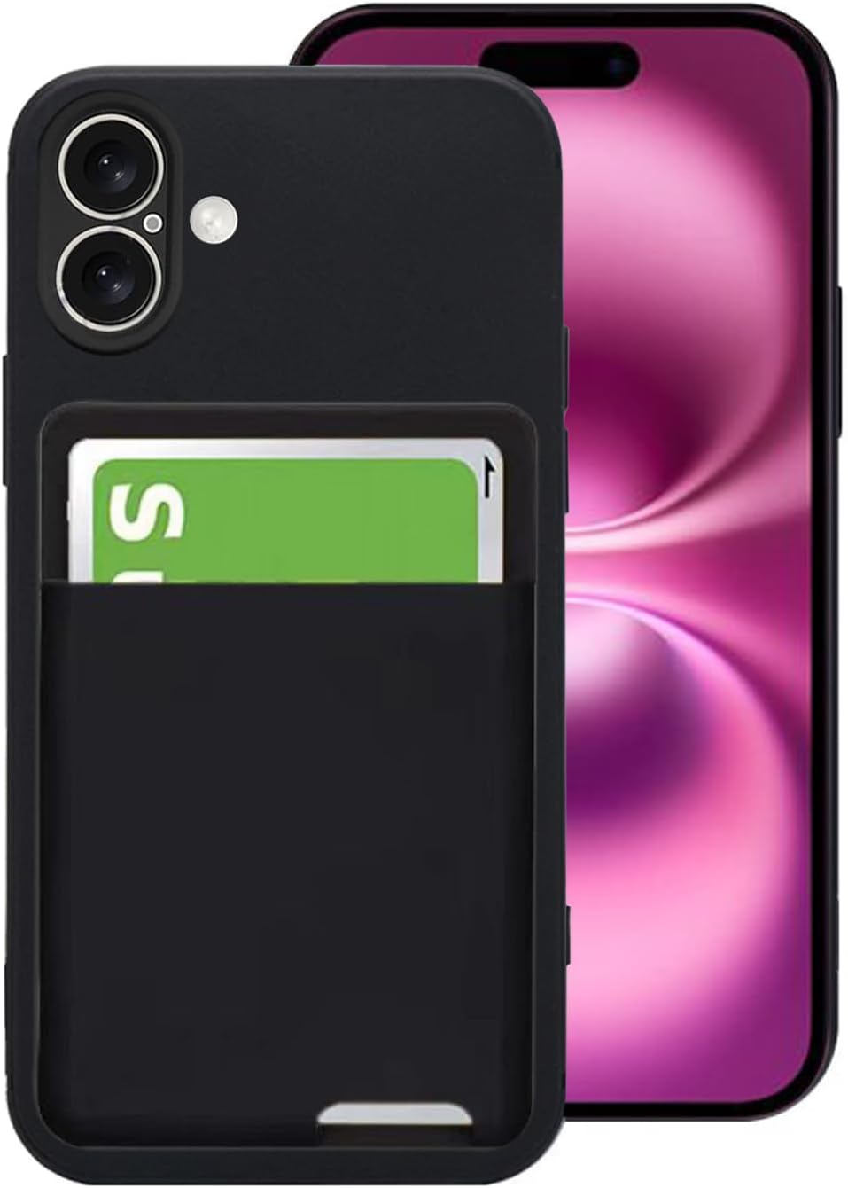 iphone16 ケース 背面収納 耐衝撃 カード収納 薄型 軽量 TPU カバー ストラップホール付き 黄変防止 指紋防止 あいふぉん16ケース（ブラック）