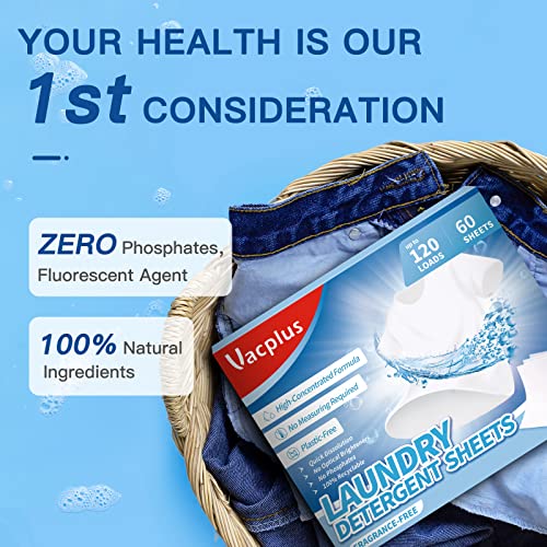 Vacplus Laundry Detergent Sheets Natural - (120 Loads) 60 Sheets Fragrance Free Liquidless Bulk Laundry Detergent, Biodegradable Laundry Strips, Travel-Friendly & Plastic-Free Efficient Laundry Detergent #TOP2