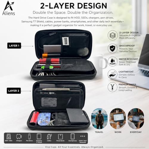 Image of Tukzer Large Travel Gadget Organiser Case Bag Aliens Series, Hardshell ABS Material, Water-Resistant Travel Storage Pouch for HDD /SSD, Samsung T7 Shield,Cable,Charger,Smartphone,airpods,Power Bank-BLK
