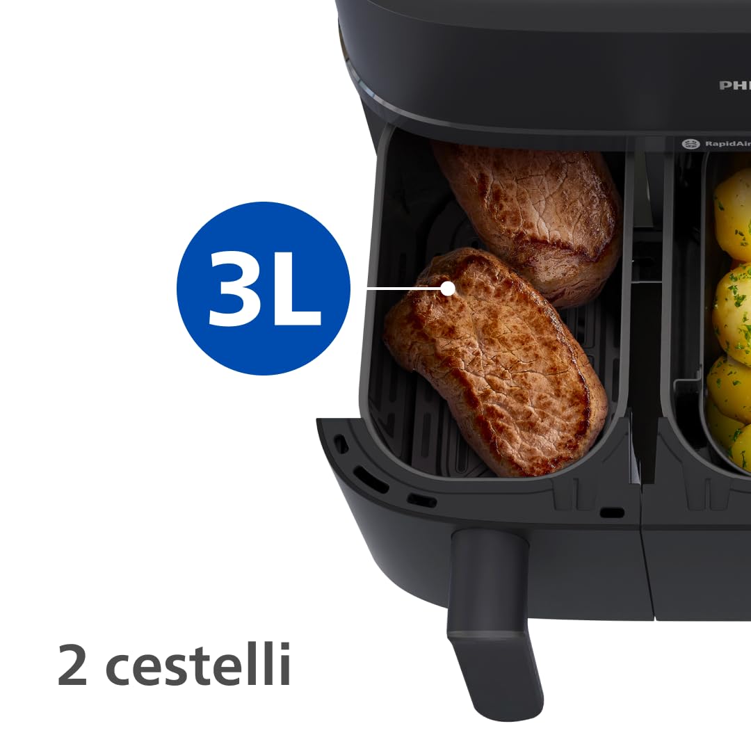 Philips Airfryer Serie 5000 doppio cestello con vapore-Frittura ad aria, cottura a vapore o combinata 19 metodi di cottura; Capacità 9L (3L + 6L), Tecnologia RapidAir Plus, Auto SteamClean (NA550/00)