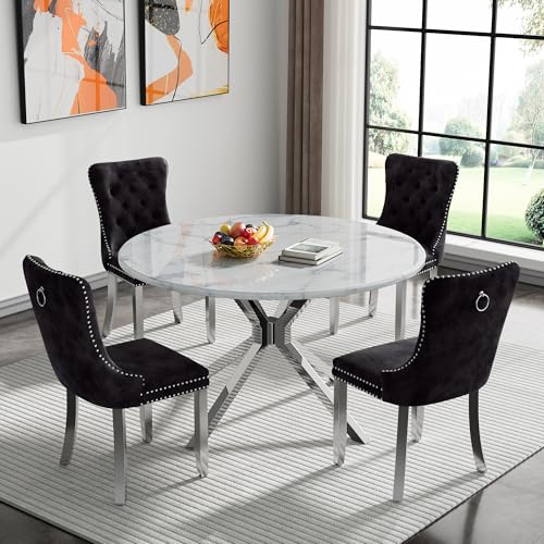 Image of 5-Piece Round Dining Table Set for 4, Modern Faux Marble Kitchen Table and Black Velvet Chairs Set of 4, Luxury 45 inch Circle White Silver Dining Room Tables with Stainless Steel Cross Legs