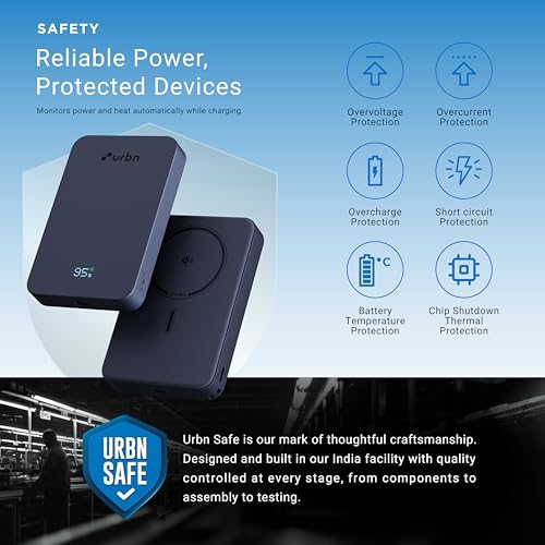 Image of URBN Slate Qi2 MagSafe Power Bank 10000mAh | 15W Magnetic Wireless Charging | 20W USB-C PD Fast Charging | LED Display | Premium Metallic Finish | 1 Year Warranty (Blue)