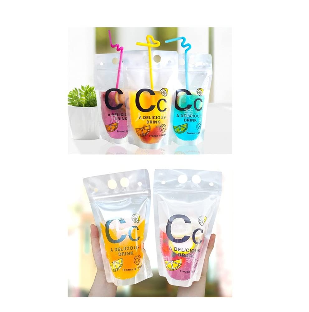 NATX 100Pcs Matte Plain Colorful Plastic Hand-held Drink Bag BPA Free Plastic ZipLock drink Pouch Juice Bag Water Bag Self Stand Translucent Drink Pouch 16oz (English C)