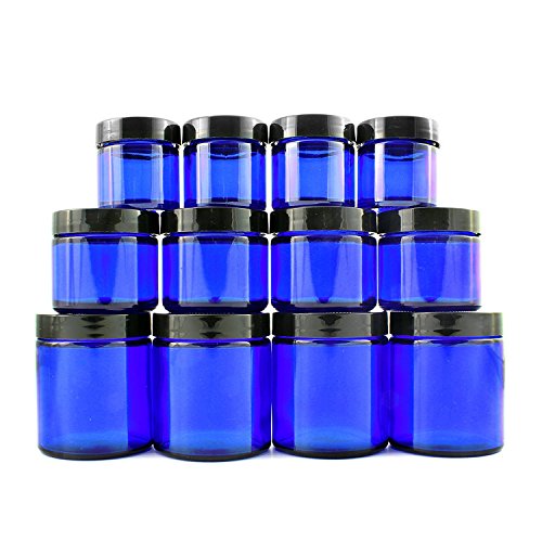 Combination (12 Pack) of Cobalt Blue 1oz, 2oz and 4oz Glass Straight Sided Jars,Lids Included; Empty Refillable Containers for Cosmetics, Creams,Lotions, Essential Oils (4 of Each)
