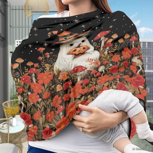 Image of Wanyint Infant Car Seat Cover for Babies, Boys Girls Carseat Canopy Baby Breastfeeding Stroller High Chair Shopping Cart Cover Halloween Decor, Cute Ghost Witch Mushroom