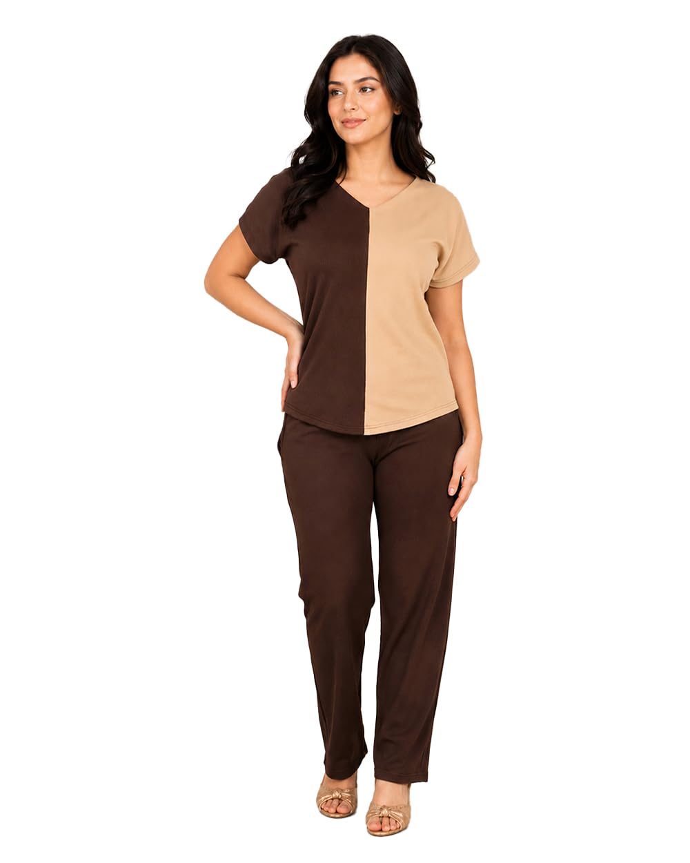 HM HUBB Women Colour Block V-Neck T-Shirt and Trousers Co-ord Set (S-3XL)-picture-14