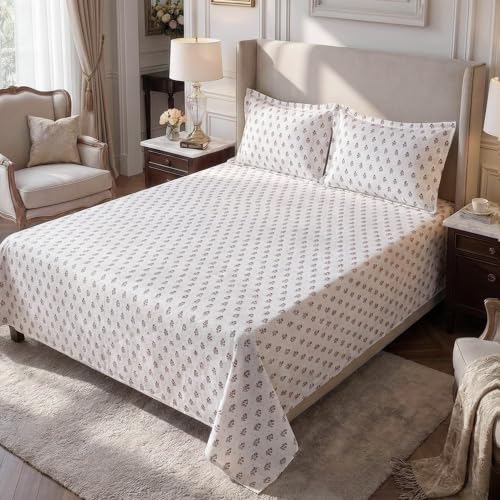 Image of Home Elegance from House of Mytrident | Linen Feel Bed Sheet for Double Bed King Size with Two Pillow Covers | Ultrasoft | Floral 274cm x 250cm | myTrident - Jade Beige