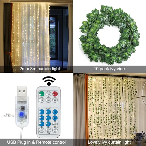 GUOCHENG Ivy Vine Curtain Light LED Leaf Curtain Fairy Lights Green Ivy Garland Copper Light Strings for Windows Wedding Bouquets Party Home Décor - Image 4