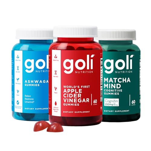 Image of 3 Bottles of Goli Favorites Bundle: Ashwagandha KSM-66, Apple Cider Vinegar, Matcha Mind Supplements with Cognizin, Vitamins D2 and B12
