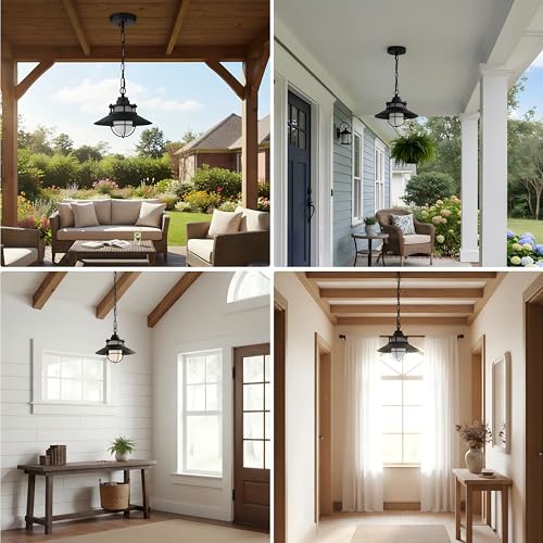 Image of Black Farmhouse Outdoor Pendant Lights For Porch Hanging Lantern Rustic Barn Style Ceiling Mount Light-Outdoor Hanging Light For Patio Entrance Outside Exterior Pendant For Front Door, E26