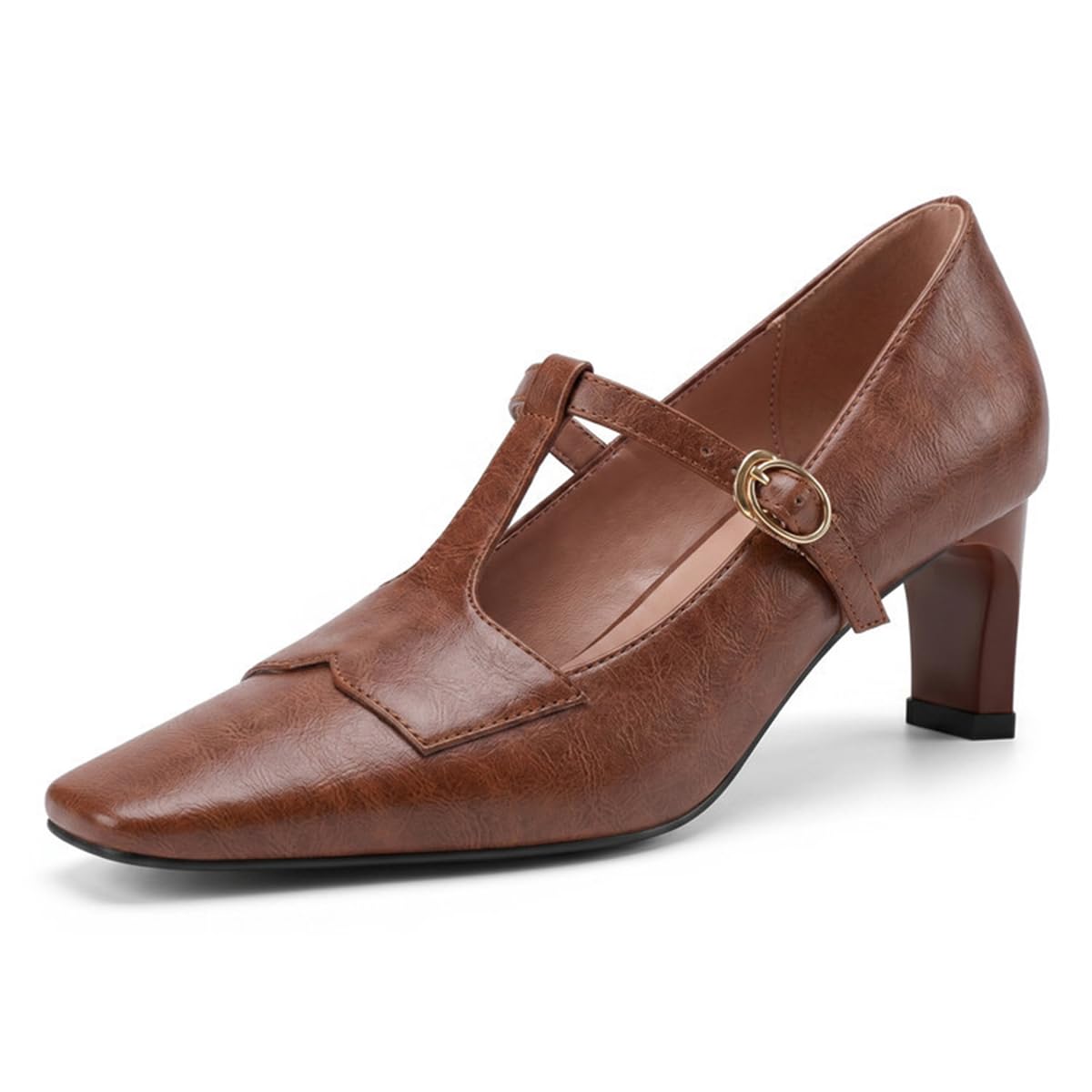 Décolleté Mary Jane Donna T-Strap Punta Quadrata Tacco Blocco