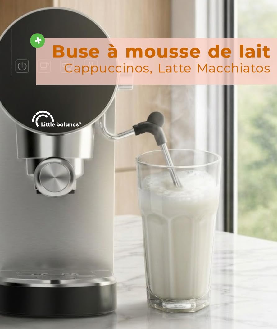 LITTLE BALANCE Cyfrowy ekspres do kawy 3034 ze stali nierdzewnej, ekspres do kawy z spieniaczem do mleka do Cappuccino, ekspres do kawy 20 barów, wyjmowany zbiornik 0,9 l, ultra kompaktowy, ekran