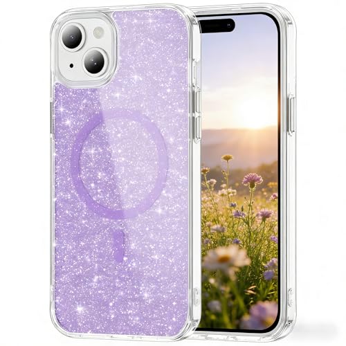 Coque iPhone 15 violette transparente à paillettes fine et compatible MagSafe