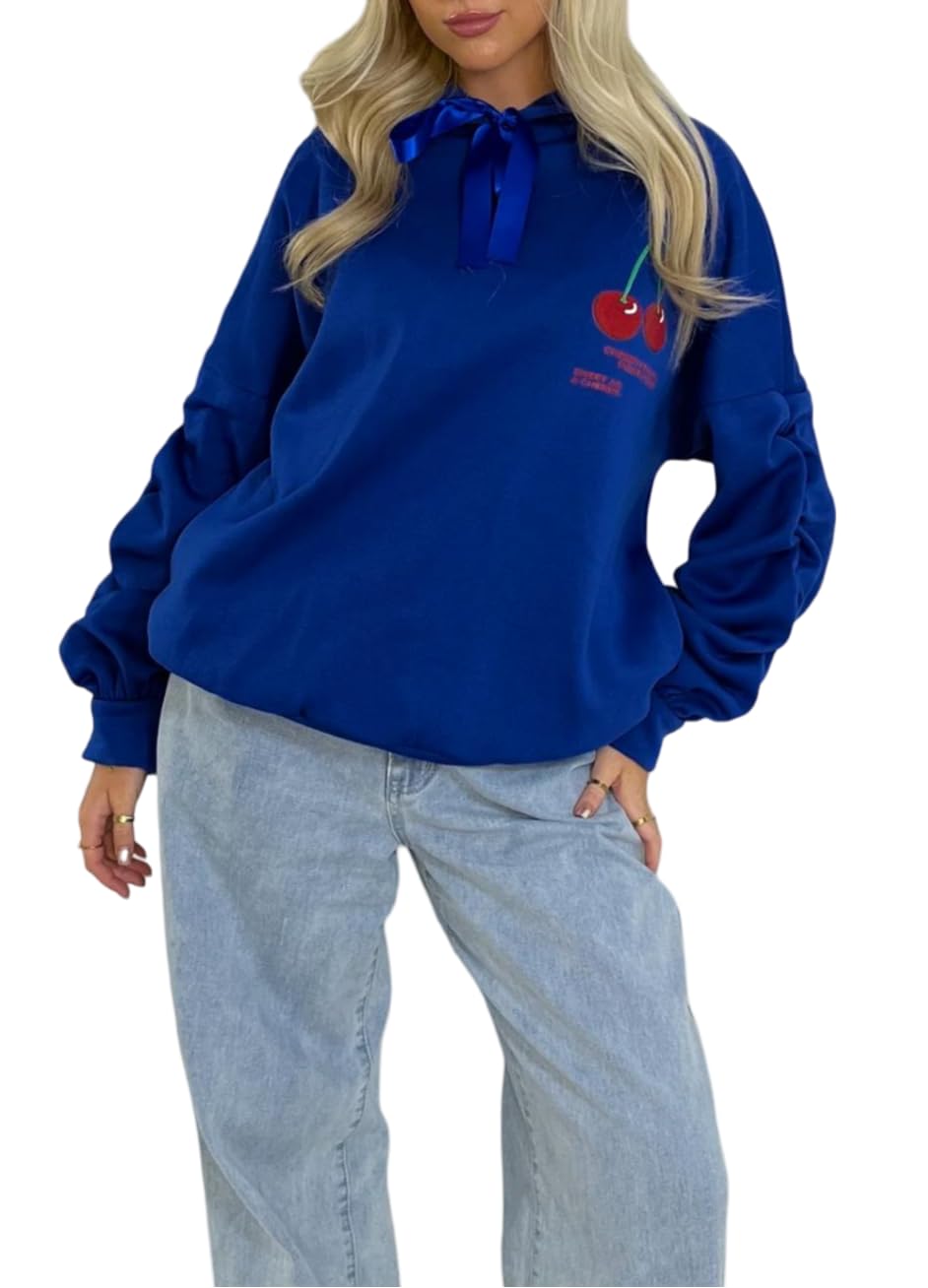Fairy Trendz Women's Royal Blue Ruched Sleeve Cherry Perfection Print Ribbon Hoodie Front Pockets Soft Warm Loose Fit Stretchy Stylish Winter Hooded Top