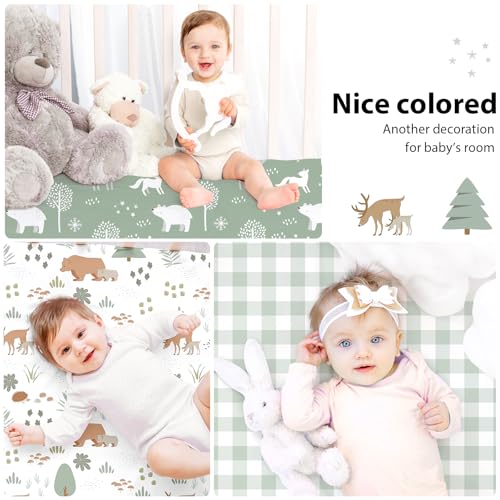 Baby Crib Sheets for Boys and Girls, 3 Pack Fitted Crib Sheets Neutral for 52”x28” Standard Crib and Toddler Mattresses, Ultra Soft & Silky Smooth Microfiber Green Forest Bear