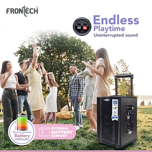 Image of FRONTECH Nocturn Neo Trolley Speaker | 100W Powerful Sound | Wireless Microphones | USB /TF /Bluetooth /FM | Guitar & MIC Input | Rechargeable Battery (SW-0225, Black)