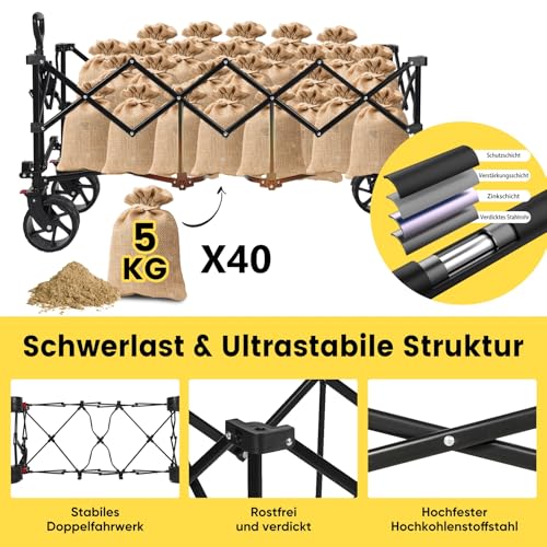 Sekey XXXL Bollerwagen Faltbar 300L 200KG Belastbar, Faltbarer Bollerwagen 17x10 cm Extra Breite Reifen Alle Gelände, Patentiert Klappbar aus Vier Richtungen, XXXL-Super 4013, Schwarz – Bild 6