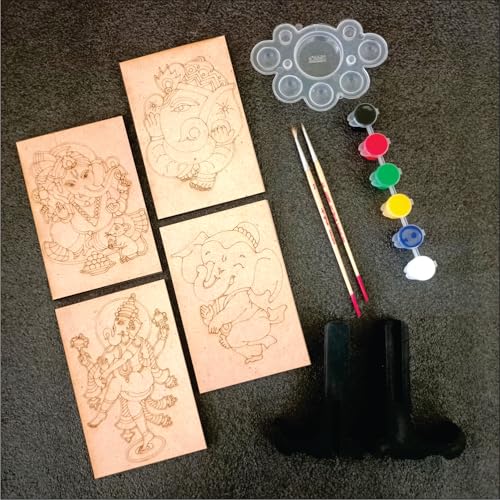 Image of PICRAZEE DIY Art & Craft Wooden Painting Kit for Kids | 4 Premaked Ganesha MDF Board Painting Set with 6 Colors, 2 Brushes, Palette and Stands | Drawing & Coloring Activity Set for Home, and Gifting