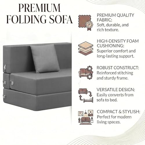 Image of Rosebell One Seater Foldable Sofa Cum Bed (3x6 Feet) Jute Fabric, Washable Removable Cover, | Space Saving Convertible Sofa Bed for Home, Office & Guests - Grey