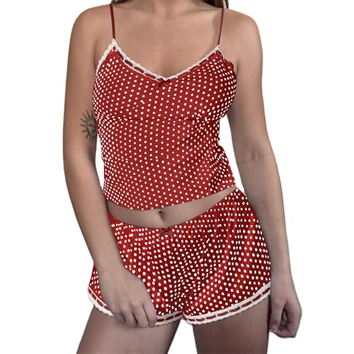 Image of Yuemengxuan Women Y2k Polka Dot Pajamas Sets 2 Piece Sexy Summer Outfits Set Sleeveless Strappy Cami Top Crop Top Shorts Set