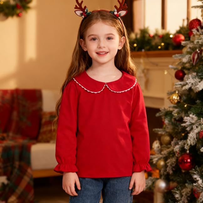 1-12Y Baby Ruffle Blouse Toddler Girl Peter Pan Lace Collar T-Shirts Kids Solid Color Long Sleeve Tee Casual Top - Image 2