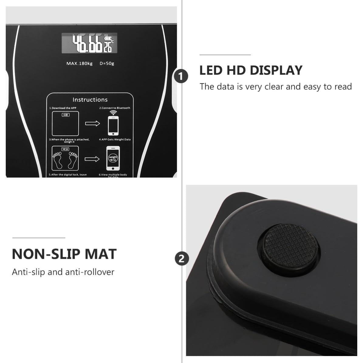 NUOBESTY USB und Rutschfesten Füßen aus Abs und Glas Wiederaufladbare Haushaltswaage mit Smartem Wiegesystem für Präzise Gewichtsmessung bis 180kg im Alltag