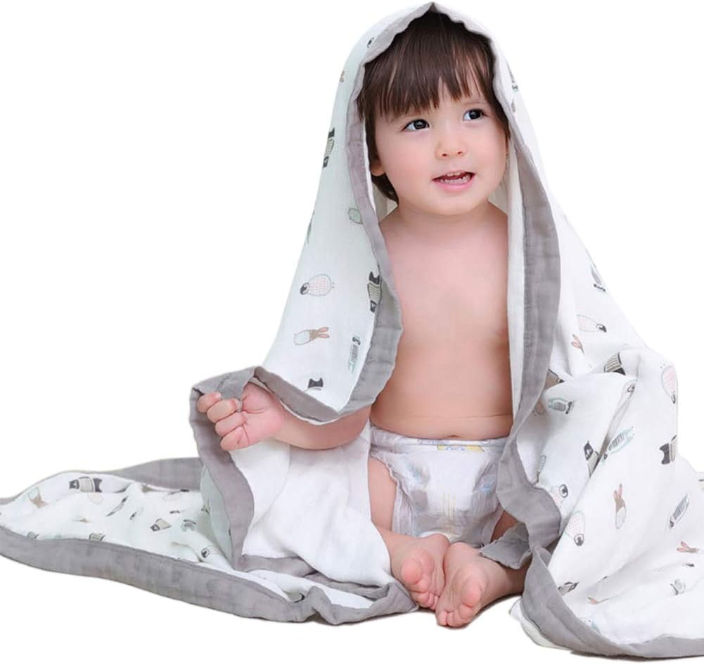 Baby Muslin Swaddle Blankets – Gray Soft Toddler Quilt Everything Blanket Wrap Perfect for Newborn Sensitive Skin – 43 X 45 inchs (Penguin Raccoon)
