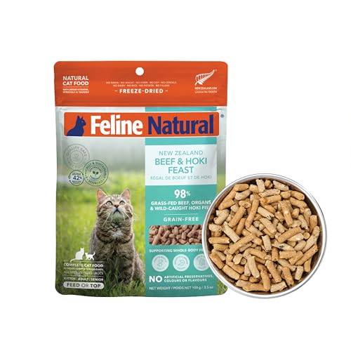 Feline Natural High Protein Dry Cat Food Freeze-Dried Diet with 98% Meat Organs & Seafood No Peas Grains or Artificial Additives Made in New Zealand Beef & Hoki 3.5oz
