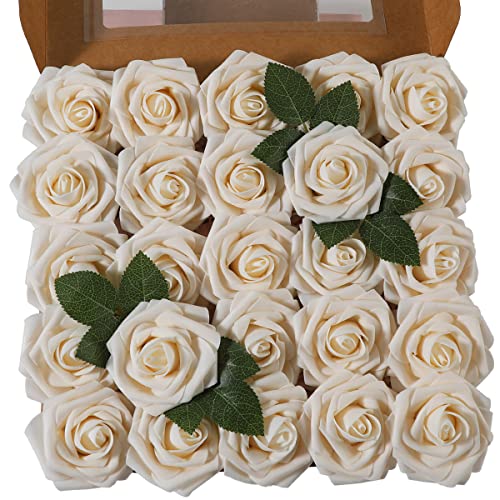 Ruiuzioong Künstliche 25 Stück Rosen Blumen Schaumrosen Foamrosen Kunstblumen Rosenköpfe Gefälschte Kunstrose Rose für Hochzeit Blumensträuße Braut Zuhause Dekoration (Champagner 25 Stück)