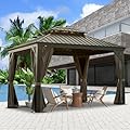 Domi 10x12 Outdoor Gazebo, Hardtop Gazebo with Aluminum Frame, Heavy Duty Pavilion Gazebo for Patio Deck Backyard, Curtain and Netting Included, Dark Brown