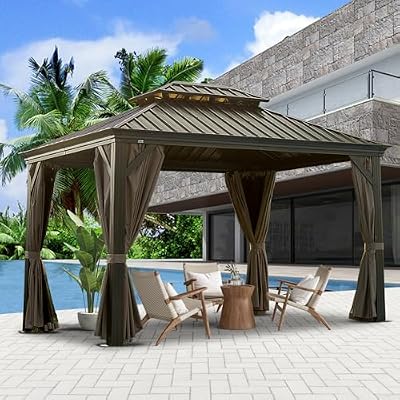 Domi 10x12 Outdoor Gazebo, Hardtop Gazebo with Aluminum Frame, Heavy Duty Pavilion Gazebo for Patio Deck Backyard, Curtain and Netting Included, Dark Brown