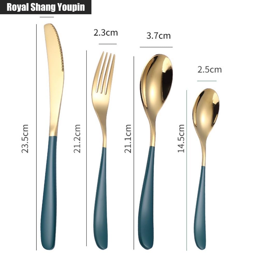 Manico Ispessente Cucina Posate in Acciaio Inossidabile Stoviglie Posate Set Di Posate Coltello Da Bistecca Forchetta Cucchiaio Cucchiaino (Verde Argento,16 pezzi)