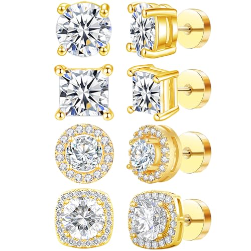 NEWITIN 4 Pairs Stainless Steel Stud Earrings for Men Hypoallergenic Earring Flatback Earring Screw Back Studs Inlaid Cubic Zirconia Stud Earrings for Women Men