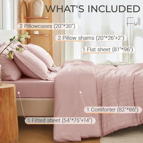 Image of MUXHOMO 7 Pieces Full Comforter Set, Seersucker Bed in a Bag Full Size, All Season Luxury Bedding Set with Comforter, Flat Sheet, Fitted Sheet, Pillowcases & Shams, Rose Gold