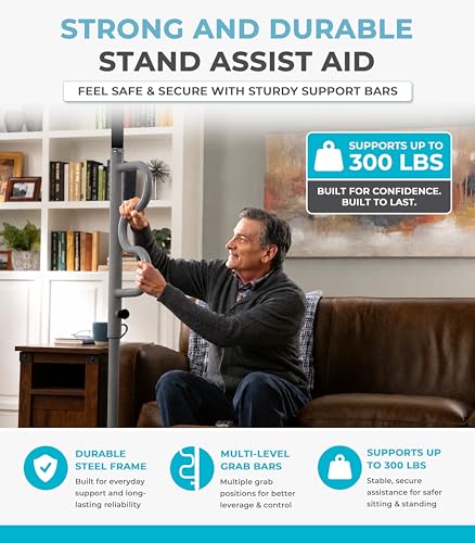 Image of Stander Wonder Pole Plus with Rotating Double Grab Bar, Tension Mounted Security Pole for Seniors & Elderly Adults, No-Drill Floor to Ceiling Transfer Pole for Home & Bath Safety, Graphite