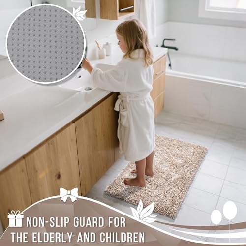 Image of Yimobra Long Bathroom Rugs Runner 55x24 Inch, Extra Thick Soft Absorbent Chenille Bath Mat, Non Slip Machine Washable, Quick Dry Bath Rugs for Bathroom Floor, Tub and Shower, Khaki