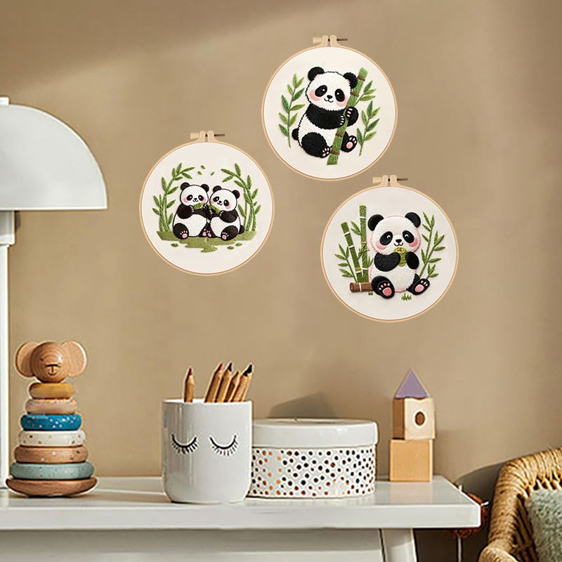 Image of Konrisa Panda Embroidery Starter Kit for Beginners, Cross Stitch Kit with 3pcs Embroidery Pattern, DIY Sewing Project Adult Needlepoint Kit with Hoop, Set of 3