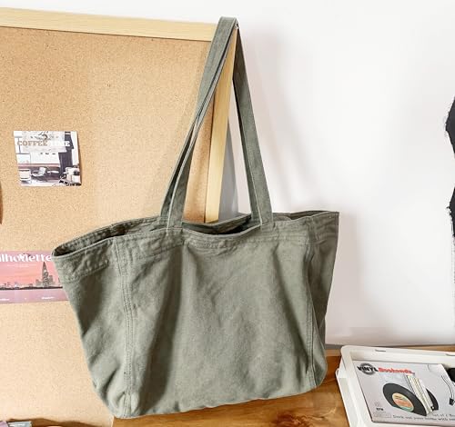 Image of Cotton Tote Handbag Women Canvas Crossbody Beach Bag Hobo Shoulder Tote Bag with 3 External Pocket,Zipper Closure