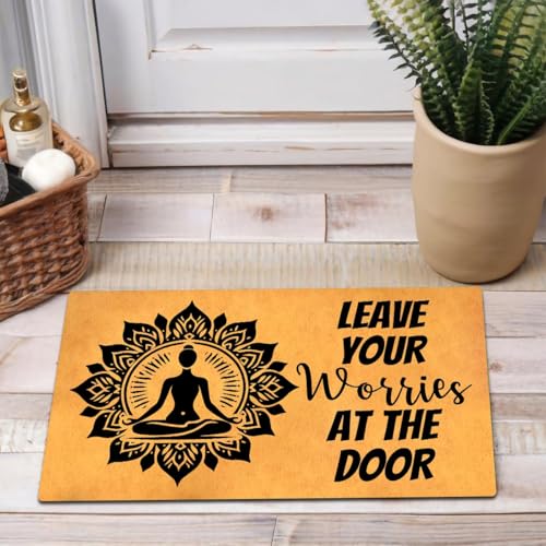 Image of MELODADDY Funny Welcome Doormat Front Door Decor Rugs with Rubber Back 30"(L) x 18"(W) Personalized Matt Outside Entrance (Leave Your Worries at The Door Yoga Meditation Namaste)