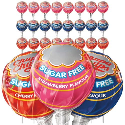 Chupa Chups Sugar Free Lollipops 3 Assorted Flavours, Pack of 50 (cola cherry strawberry) Confectionery Sweets Candy Suckers with Welari Thank You Card | (50pack)