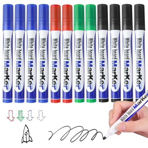 Juego de 12 marcadores de pizarra blanca, 4 colores surtidos, gruesos de borrado en seco, bolígrafo de ventana de bajo olor, bolígrafos de vidrio impermeables, perfectos para pizarras blancas,