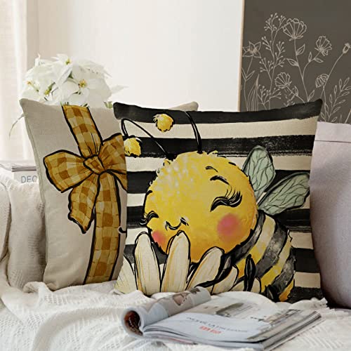 Fjfz Spring Bumble Bee Sunflower Decorative Throw Pillow Covers 18X18 Set Of 4, Summer Farmhouse Black White Stripe Porch Patio Home Decor, Yellow Buffalo Plaid Check Quote Outdoor Couch Cushion Case #TOP5