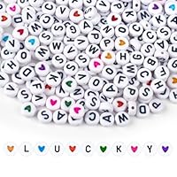 SUTOUG 1000PCS Colourful Letter Beads for Threading, 4 x 7 MM, A-Z White Letter Beads and Colourful Heart Beads, Acrylic Round Beads for Jewellery DIY Making Crafts Bracelets Necklaces Ornaments Penda