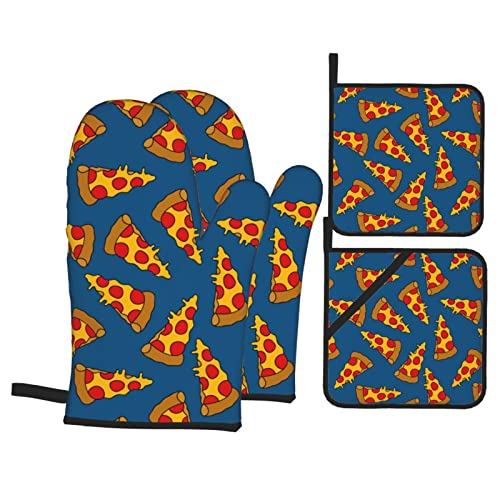 Cute Pizza Oven Mitts and Pot Holders Set of 4, Oven Mittens and Potholders Heat Resistant Gloves for Kitchen Cooking Baking Grilling BBQ