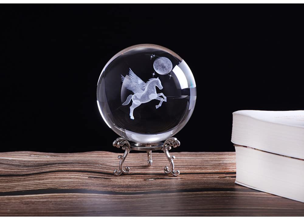 VVW&LIU Bola de Cristal de Pegaso en Miniatura grabada en 3D de 80mm, Esfera Artesanal de Cristal, Adorno de decoraci¨®n del hogar, Regalo de Cumplea?os, con Base Dorada de 80mm