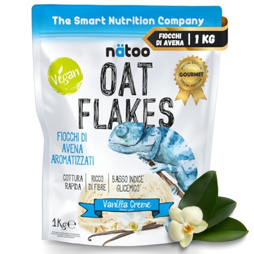 NÄTOO - Fiocchi di avena aromatizzata a basso indice glicemico - Alto contenuto di Fibre - solo 1gr. di Zuccheri - 1Kg di Avena Gusto: Vaniglia