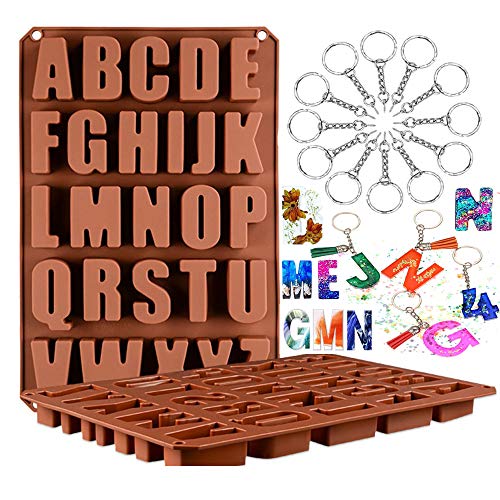 Panlom Silicone Alphabet Moulds for Resin Letter Moulds with 10 Keychain Ring Eyepins DIY Jewellery Resin Casting