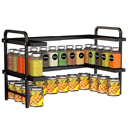 iPEGTOP 3 Tier Adjustable Cabinet Spice Shelf Rack, Expandable Metal Countertop Cupboard Stand Storage Kitchen Pantry Organizer for Spice Jars, Bottles, Seasonings, Medicine, Nail Polish - Black