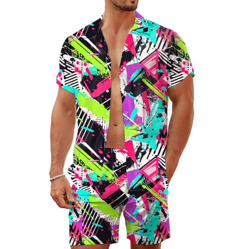 80s 90s Men's Hawaiian Outfits 2 Piece Shirt and Shorts Sets Button Down Beach Suits Disco Party